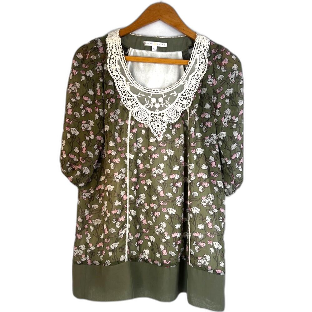 Cache Lace Bodice Garden Floral‎ Print Cottage Core Blouse Sheer Sleeve Sz MD